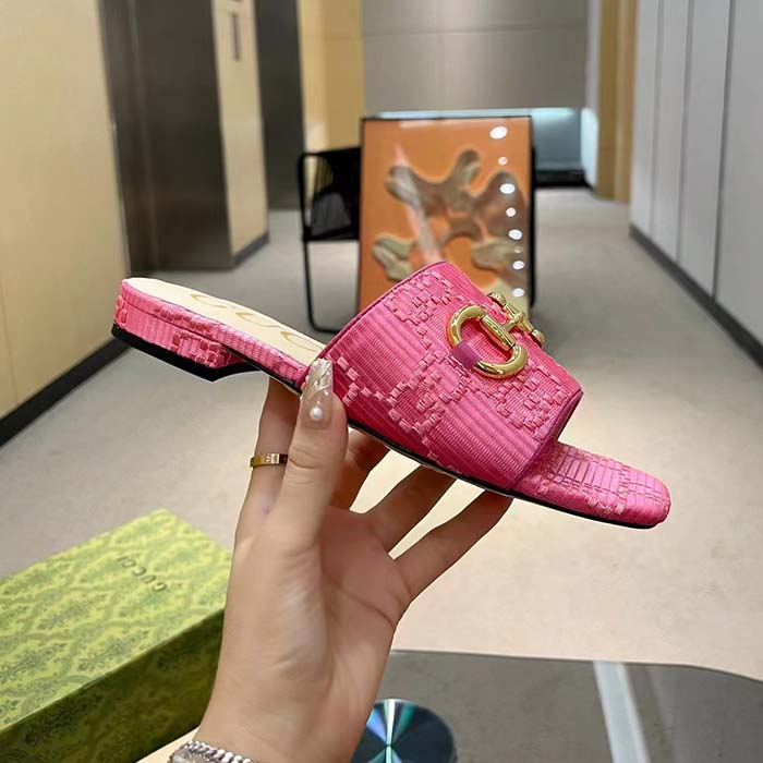 Gucci Women Horsebit Slide Sandal Fuchsia GG Raffia Leather Sole Flat