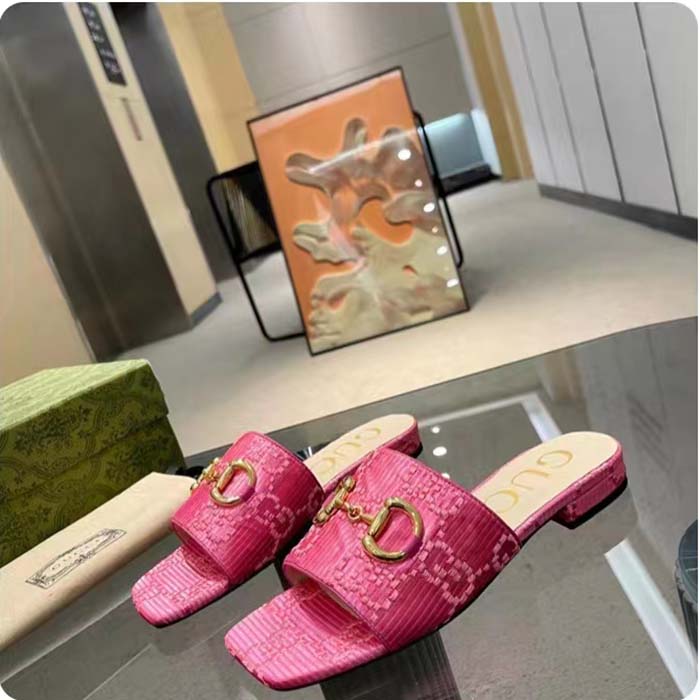 Gucci Women Horsebit Slide Sandal Fuchsia GG Raffia Leather Sole Flat