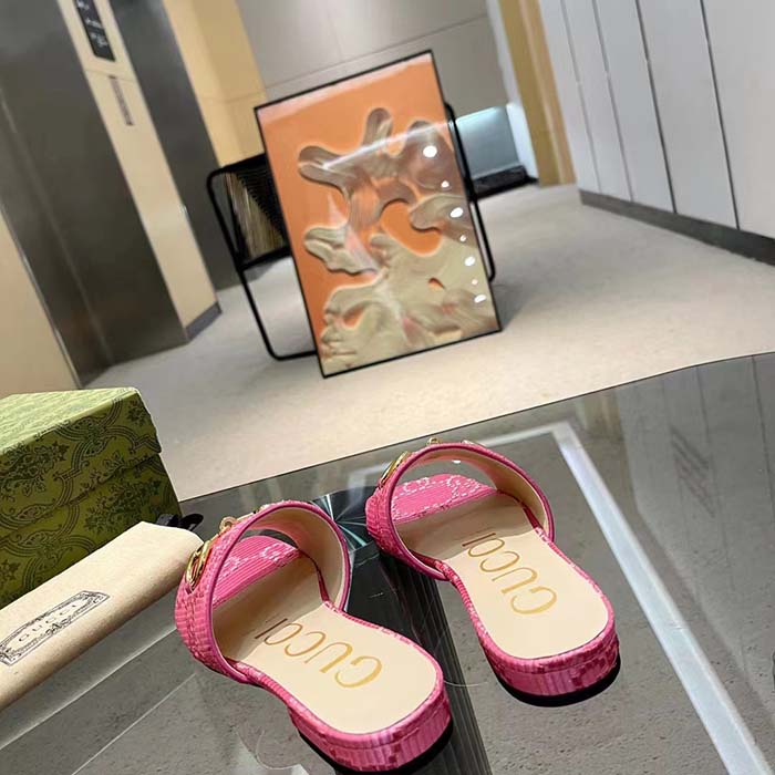 Gucci Women Horsebit Slide Sandal Fuchsia GG Raffia Leather Sole Flat