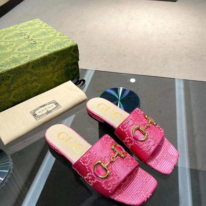 Gucci Women Horsebit Slide Sandal Fuchsia GG Raffia Leather Sole Flat