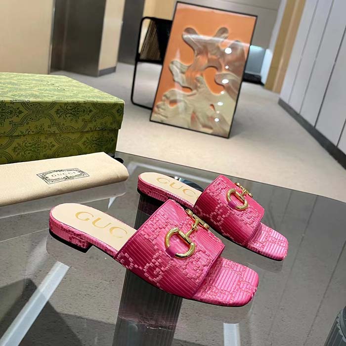 Gucci Women Horsebit Slide Sandal Fuchsia GG Raffia Leather Sole Flat