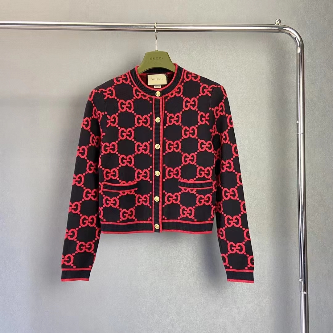 Gucci Women Wool Bouclé Jacquard Cardigan Blue Red GG Crewneck Long Sleeves