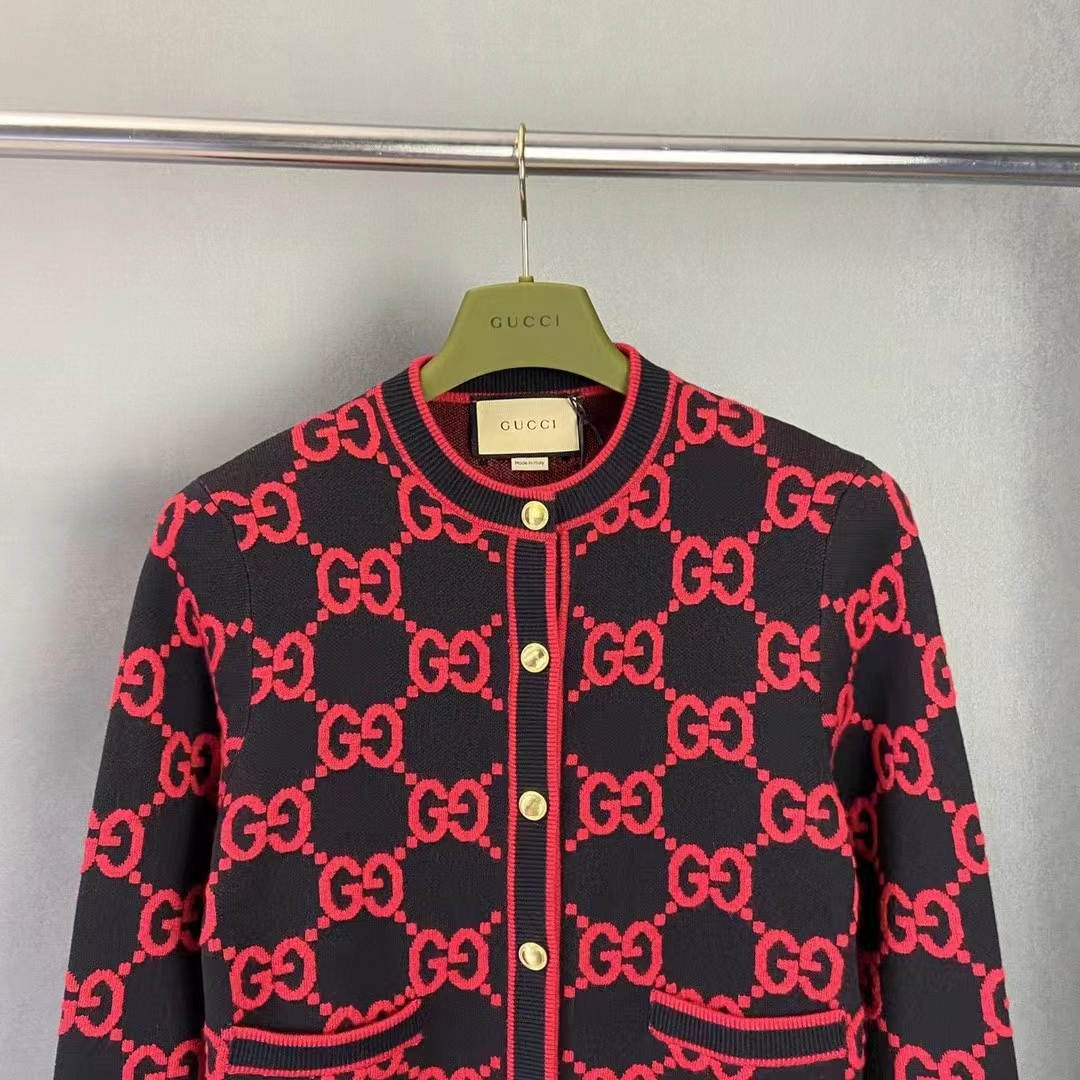 Gucci Women Wool Bouclé Jacquard Cardigan Blue Red GG Crewneck Long Sleeves