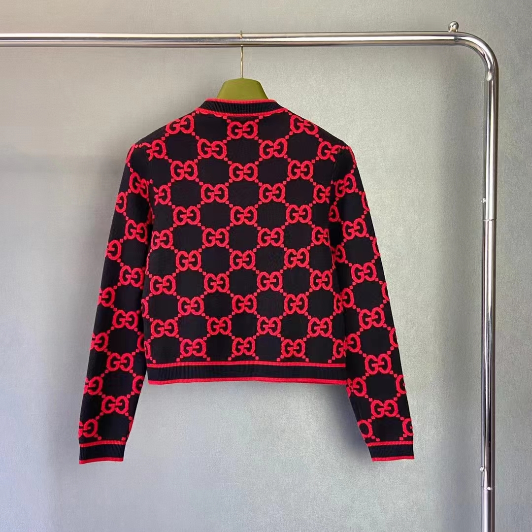 Gucci Women Wool Bouclé Jacquard Cardigan Blue Red GG Crewneck Long Sleeves