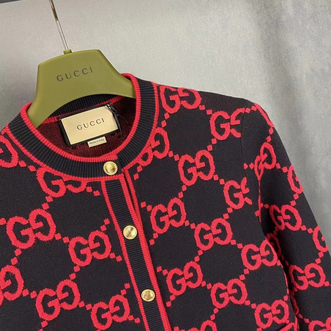 Gucci Women Wool Bouclé Jacquard Cardigan Blue Red GG Crewneck Long Sleeves