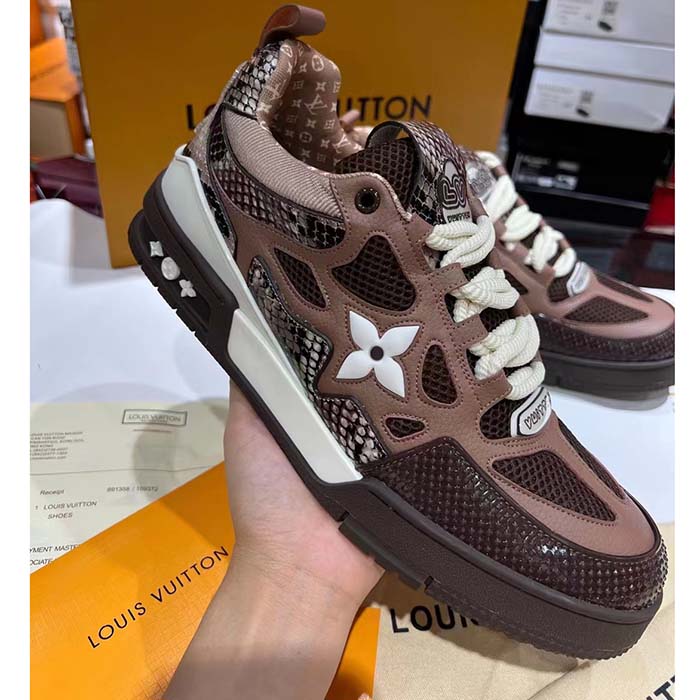 Louis Vuitton LV Unisex Skate Sneaker Brown Mesh Python-Like Embossed Leather Double Laces Rubber