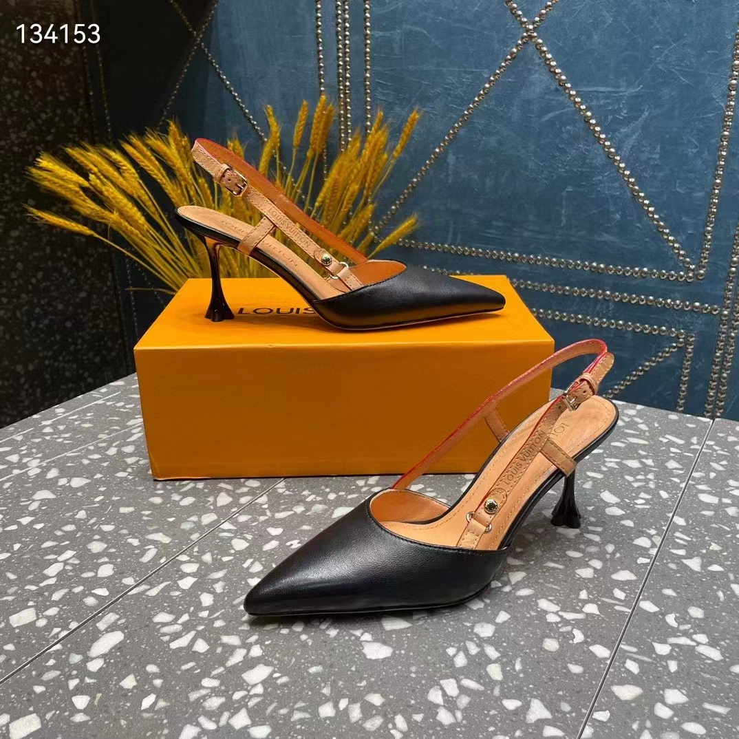 Louis Vuitton LV Women Blossom Slingback Pump Black Lambskin Strap Cowhide Leather