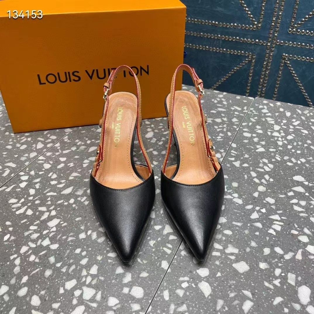 Louis Vuitton LV Women Blossom Slingback Pump Black Lambskin Strap Cowhide Leather