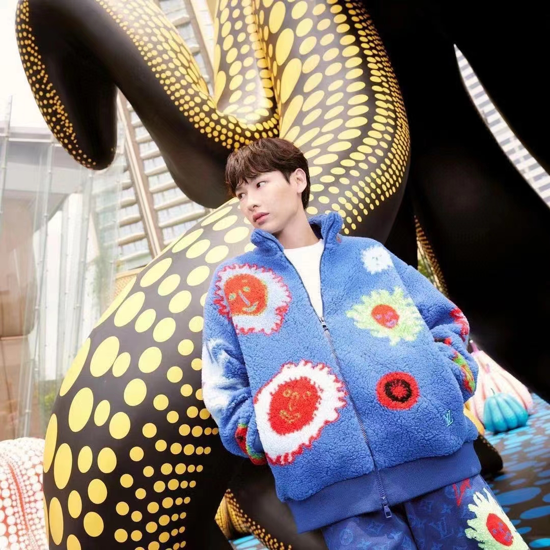 Louis Vuitton Men LV x YK Faces Zipped Fleece Blouson Polyester Blue Multicolor Regular Fit