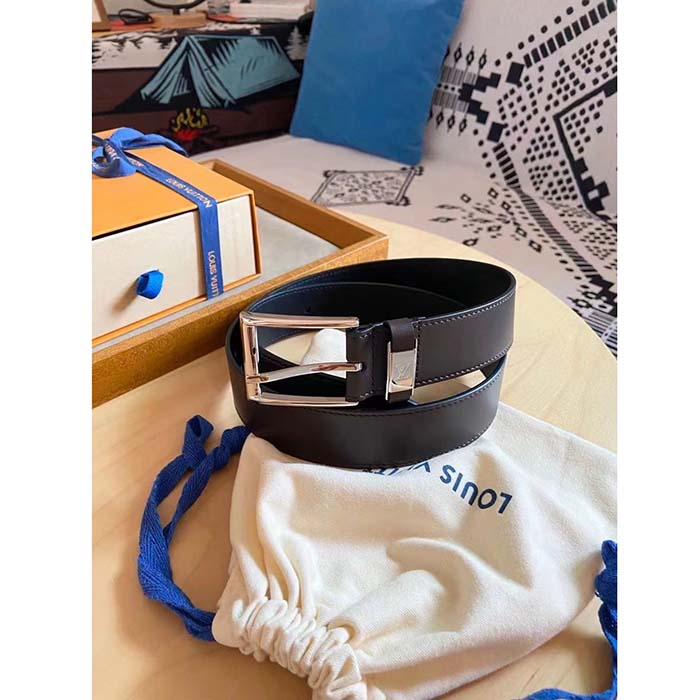 Louis Vuitton Unisex LV City Pin 35 MM Belt Brown Calf Leather Silver Color Hardware
