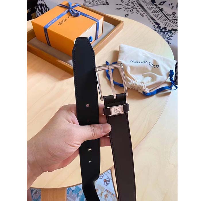 Louis Vuitton Unisex LV City Pin 35 MM Belt Brown Calf Leather Silver Color Hardware