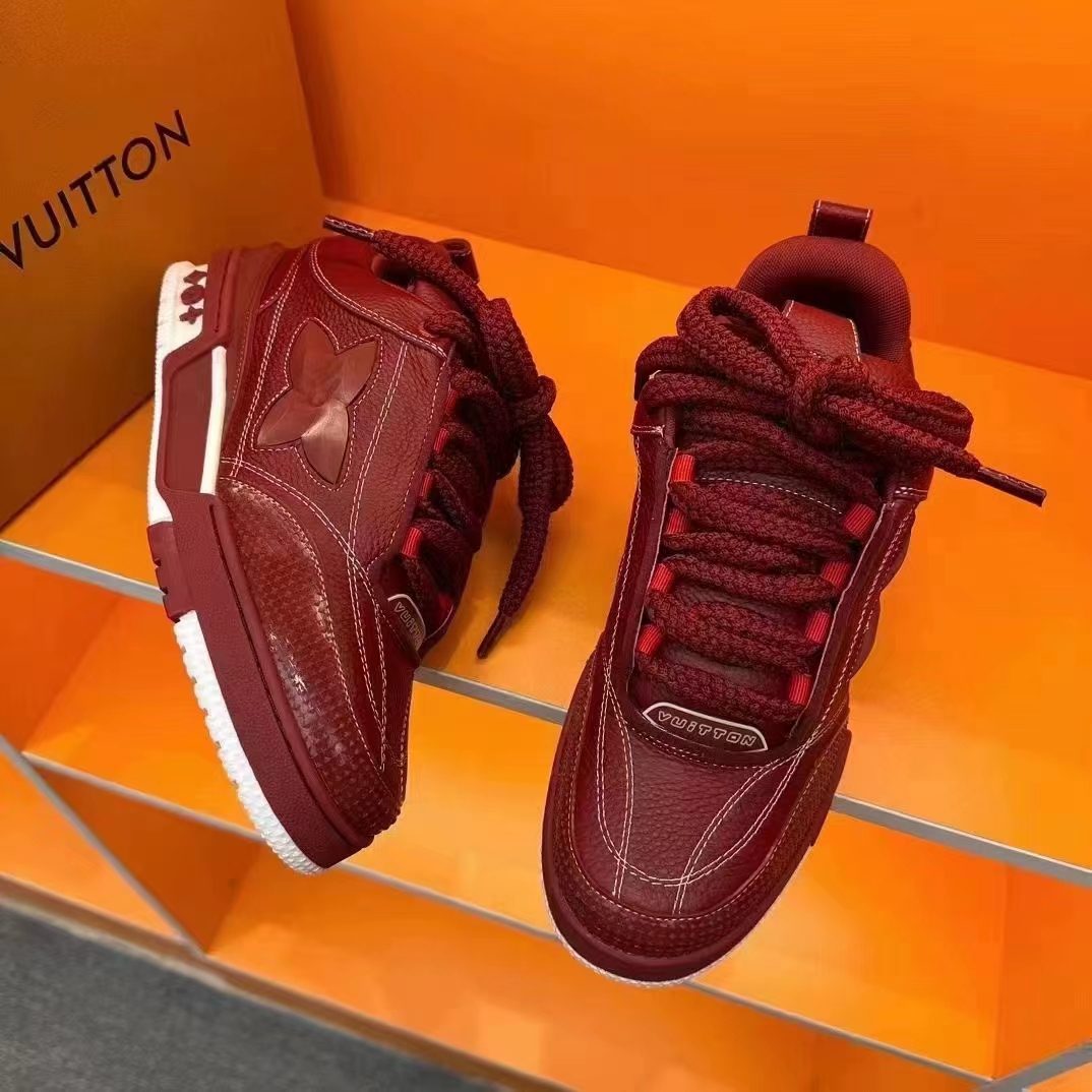 Louis Vuitton Unisex LV Skate Sneaker Bordeaux Red Grained Calf Leather Double Laces Rubber Outsole