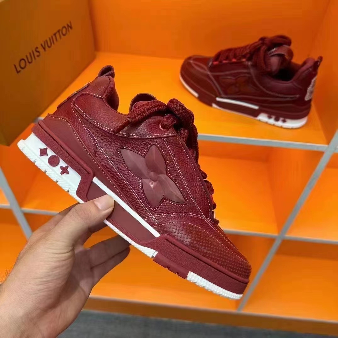 Louis Vuitton Unisex LV Skate Sneaker Bordeaux Red Grained Calf Leather Double Laces Rubber Outsole