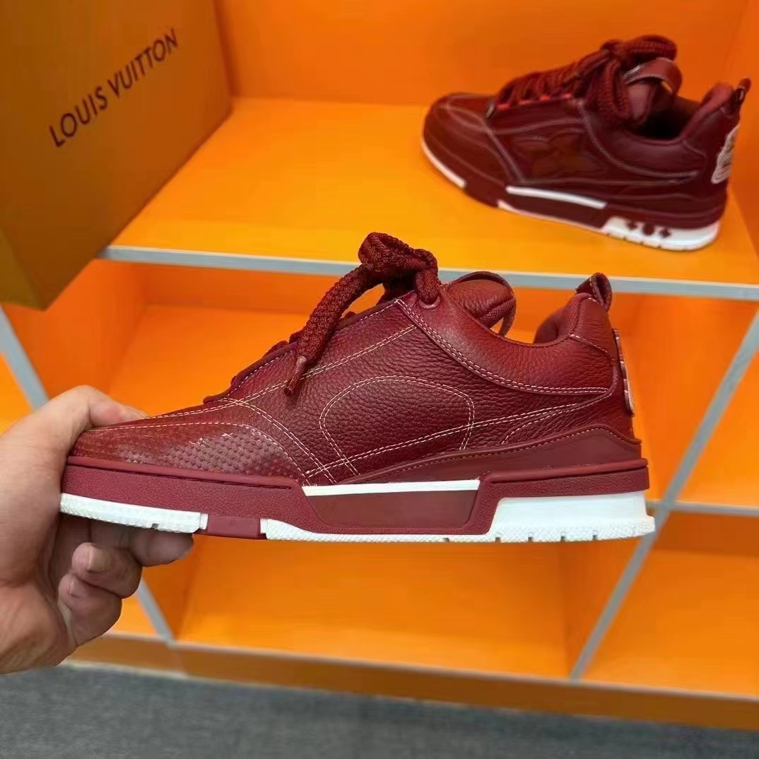 Louis Vuitton Unisex LV Skate Sneaker Bordeaux Red Grained Calf Leather Double Laces Rubber Outsole