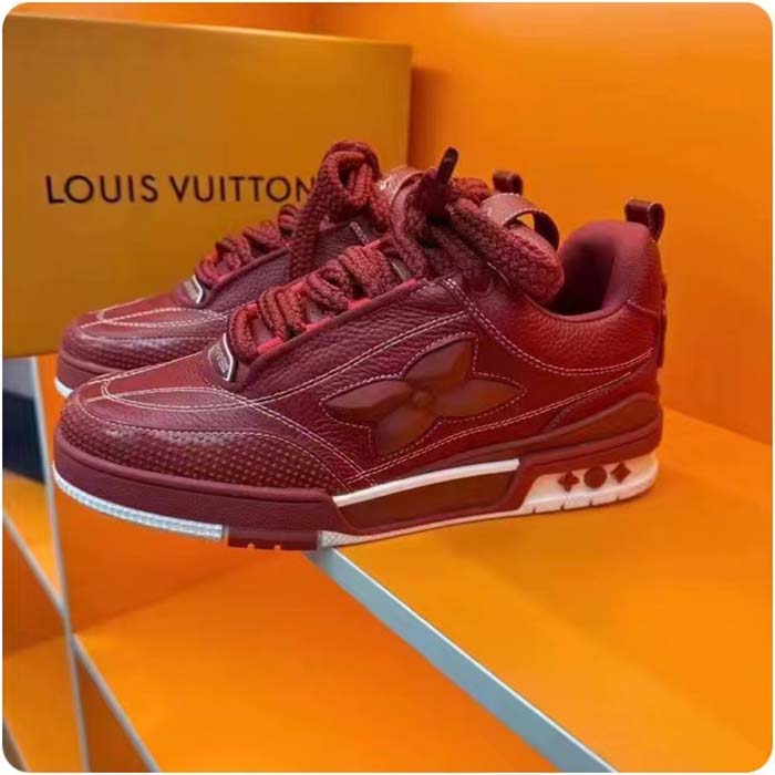 Louis Vuitton Unisex LV Skate Sneaker Bordeaux Red Grained Calf Leather Double Laces Rubber Outsole