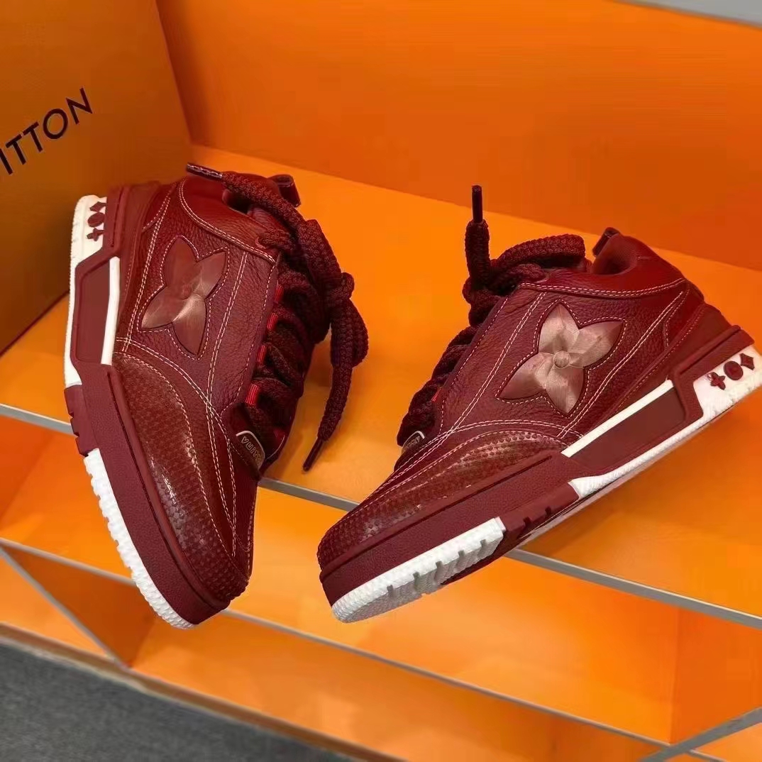 Louis Vuitton Unisex LV Skate Sneaker Bordeaux Red Grained Calf Leather Double Laces Rubber Outsole