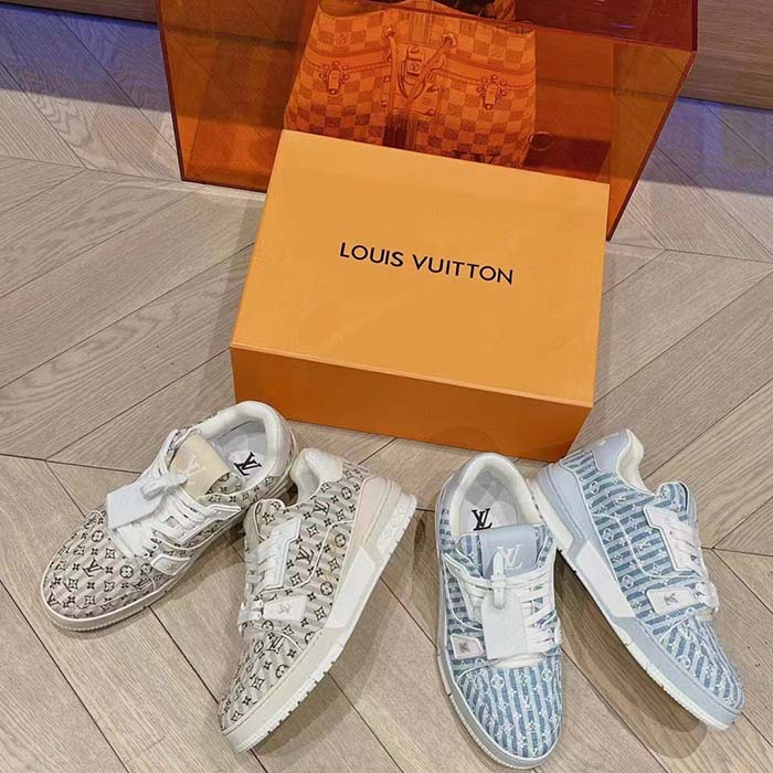 Louis Vuitton Unisex LV Trainer Sneaker Beige Monogram Textile Rubber Outsole Initials