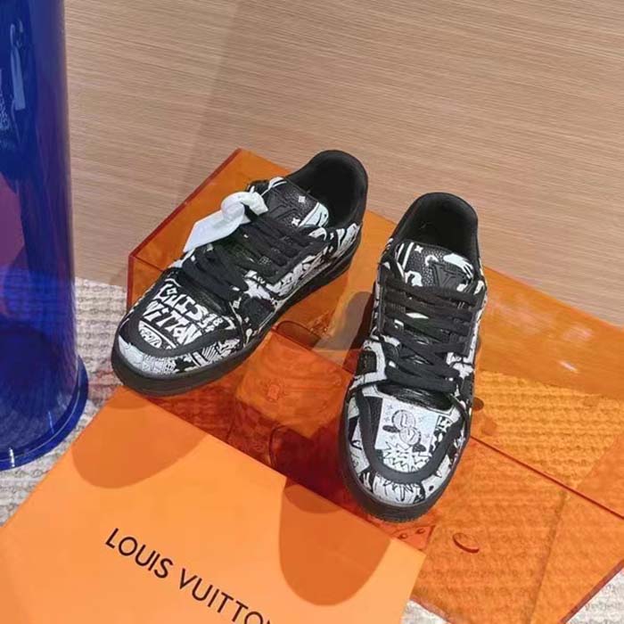 Louis Vuitton Unisex LV Trainer Sneaker Black Printed Canvas Rubber Outsole Monogram Flowers