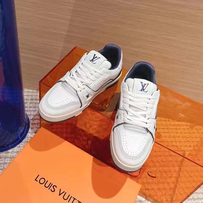 Louis Vuitton Unisex LV Trainer Sneaker Blue Calf Leather Rubber Outsole Initials