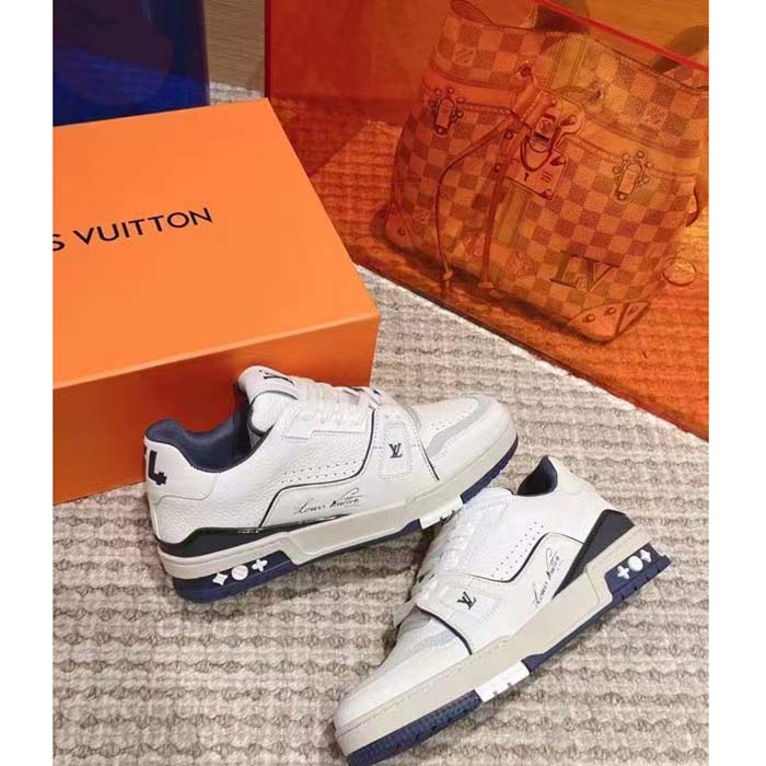 Louis Vuitton Unisex LV Trainer Sneaker Blue Calf Leather Rubber Outsole Initials
