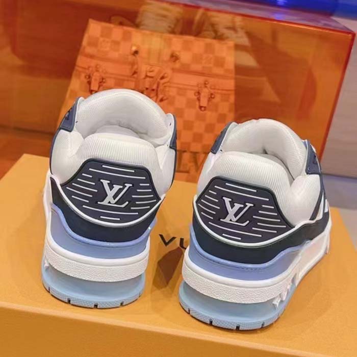Louis Vuitton Unisex LV Trainer Sneaker Blue Nubuck Grained Calf Leather Rubber Initials