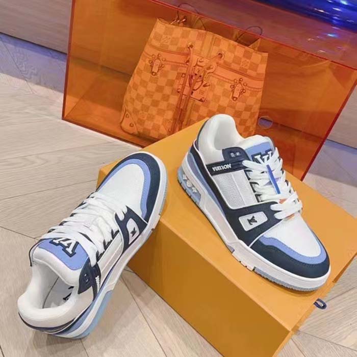 Louis Vuitton Unisex LV Trainer Sneaker Blue Nubuck Grained Calf Leather Rubber Initials