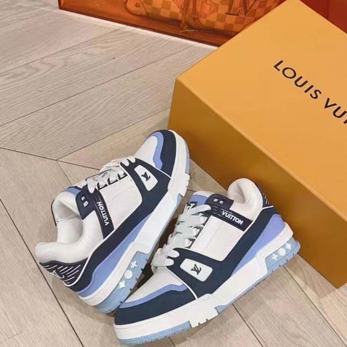 Louis Vuitton Unisex LV Trainer Sneaker Blue Nubuck Grained Calf Leather Rubber Initials