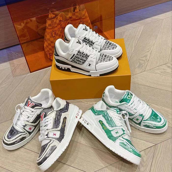 Louis Vuitton Unisex LV Trainer Sneaker Green Printed Calf Leather Rubber Outsole Initials