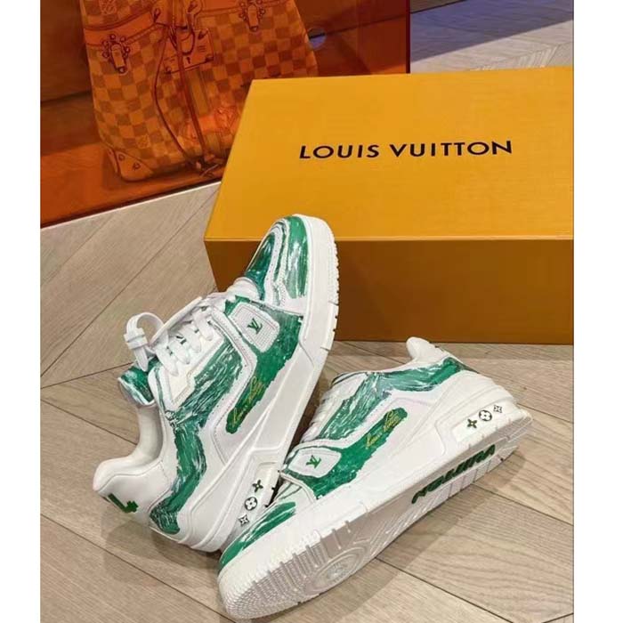 Louis Vuitton Unisex LV Trainer Sneaker Green Printed Calf Leather Rubber Outsole Initials