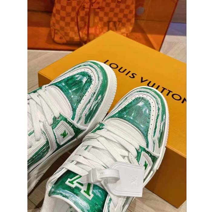 Louis Vuitton Unisex LV Trainer Sneaker Green Printed Calf Leather Rubber Outsole Initials