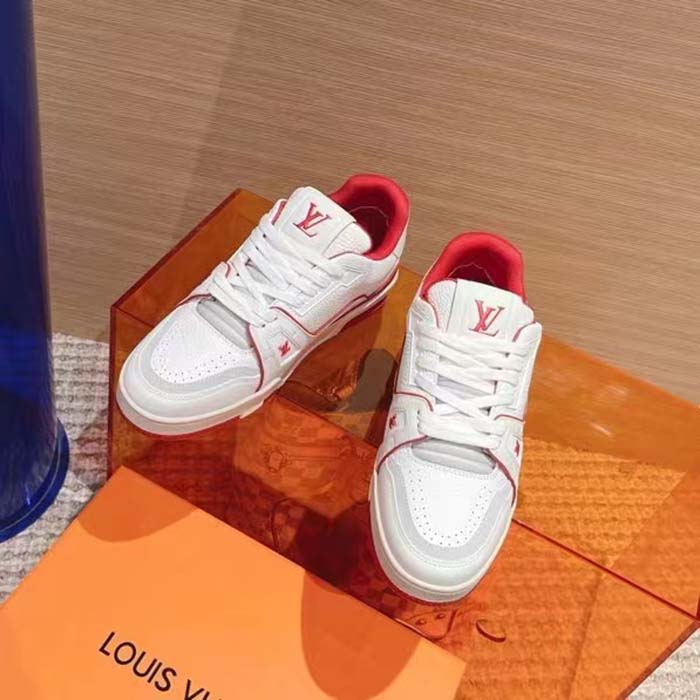Louis Vuitton Unisex LV Trainer Sneaker Red Calf Leather Rubber Outsole Initials