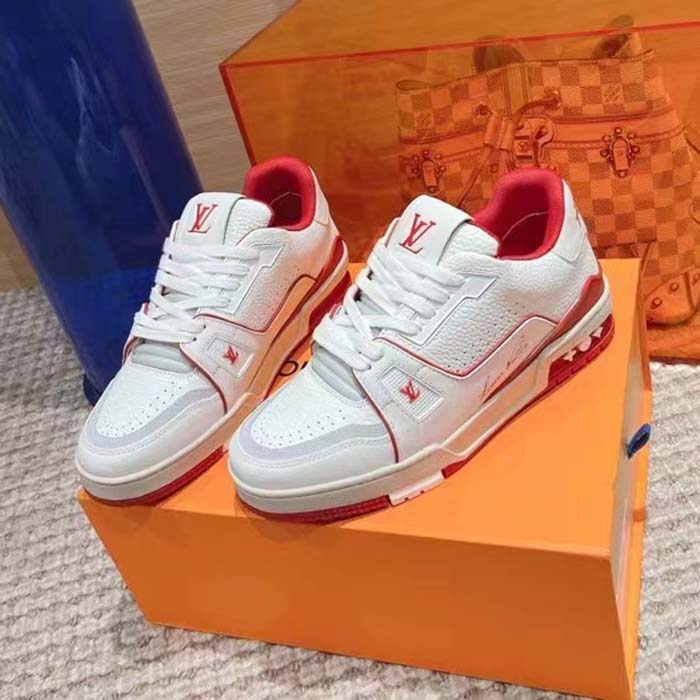 Louis Vuitton Unisex LV Trainer Sneaker Red Grained Calf Leather Rubber Initials