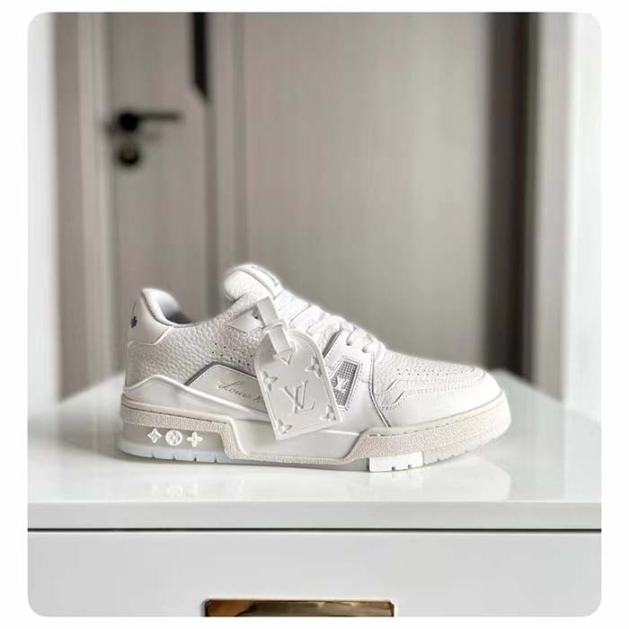 Louis Vuitton Unisex LV Trainer Sneaker White Grained Calf Leather Rubber Initials Monogram Flowers