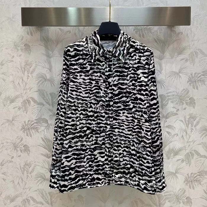 Louis Vuitton Men LV Ink Tiger Silk Shirt Silk Black White Regular Fit
