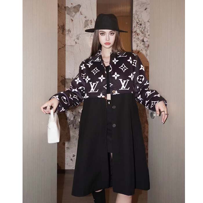 Louis Vuitton Women LV Oversized Monogram Accent Coat Wool Black White Oversize Fit