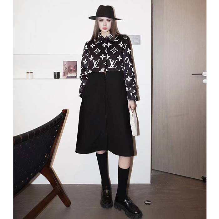 Louis Vuitton Women LV Oversized Monogram Accent Coat Wool Black White Oversize Fit