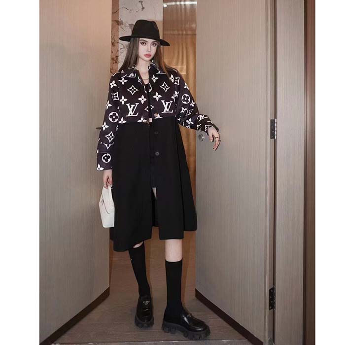 Louis Vuitton Women LV Oversized Monogram Accent Coat Wool Black White Oversize Fit