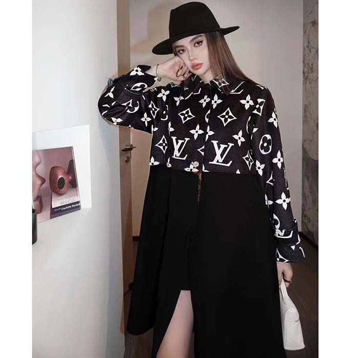 Louis Vuitton Women LV Oversized Monogram Accent Coat Wool Black White Oversize Fit