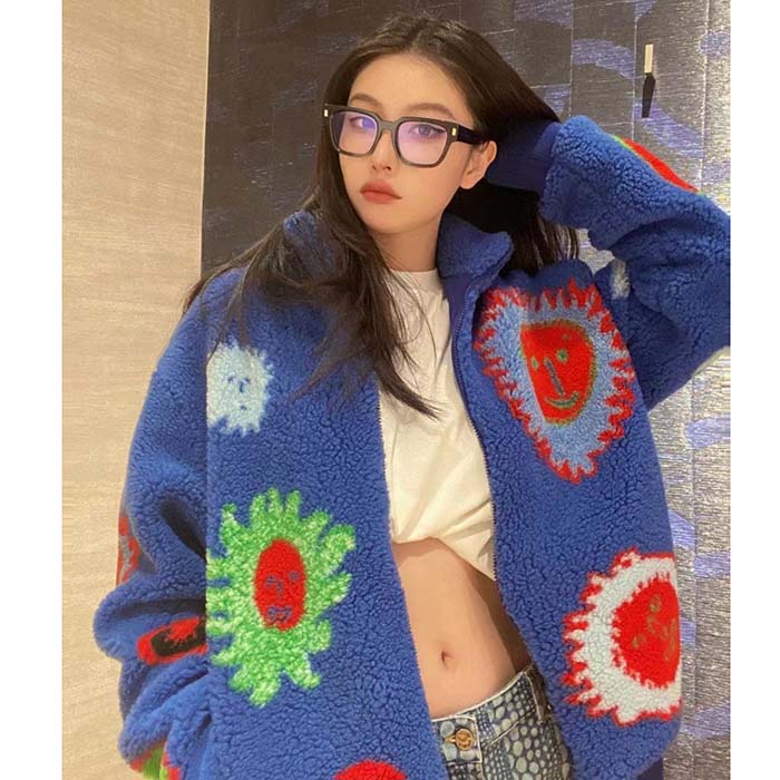 Louis Vuitton Women LV x YK Faces Zipped Fleece Blouson Polyester Blue Multicolor Regular Fit