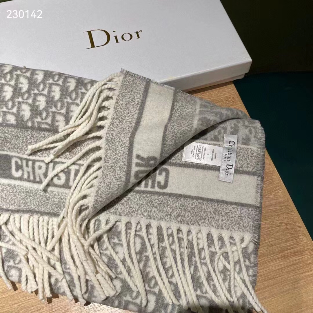 Dior Unisex CD Dior Oblique Scarf Gray Cashmere Double-Sided Fringed Ends