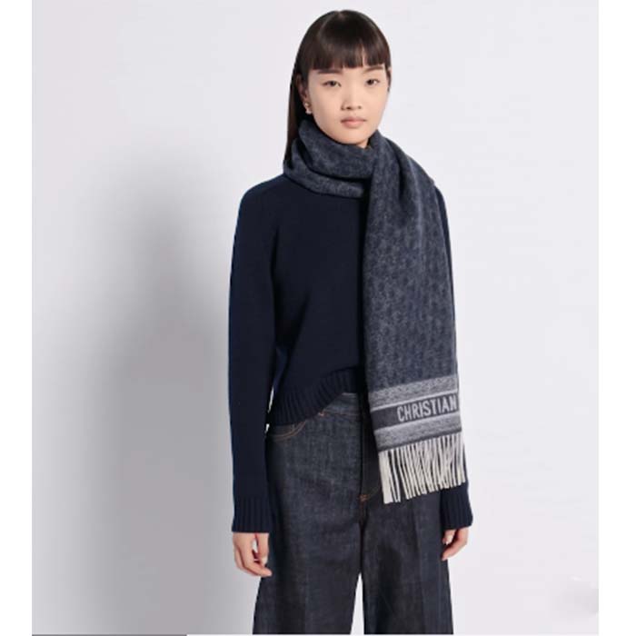 Dior Unisex CD Dior Oblique Scarf Navy Blue Cashmere Double-Sided Fringed Ends