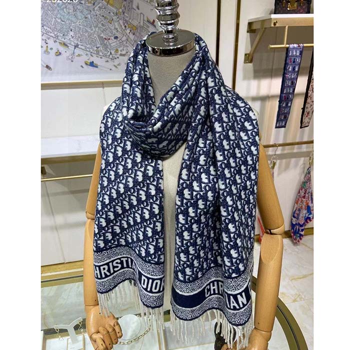 Dior Unisex CD Dior Oblique Scarf Navy Blue Cashmere Double-Sided Fringed Ends