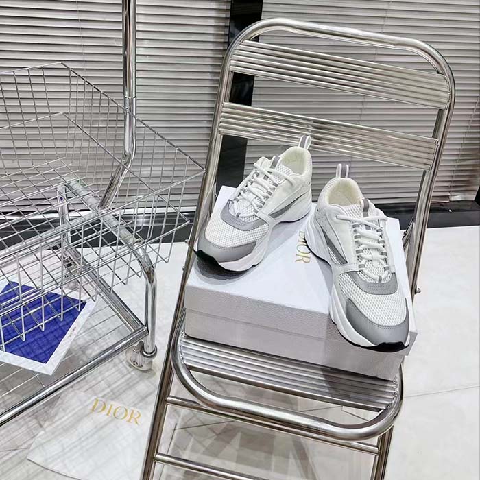 Dior Unisex Shoes CD B22 Sneaker White Technical Mesh White Silver-Tone Calfskin