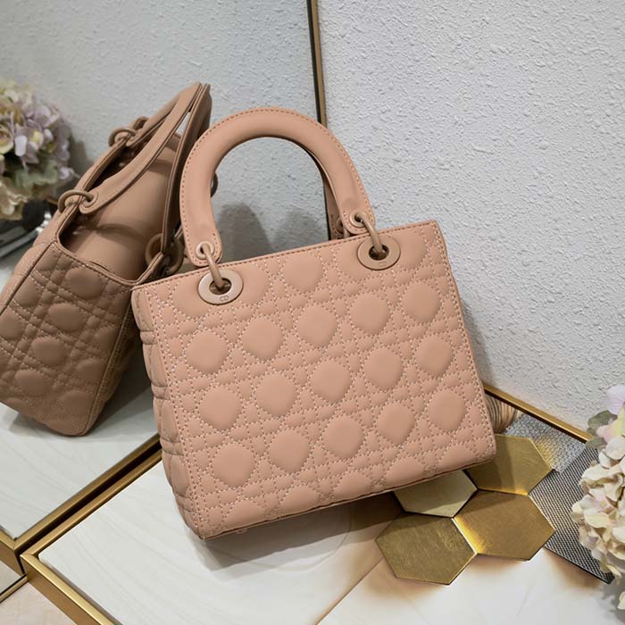 Dior Women CD Medium Lady Dior Bag Blush Ultramatte Cannage Calfskin