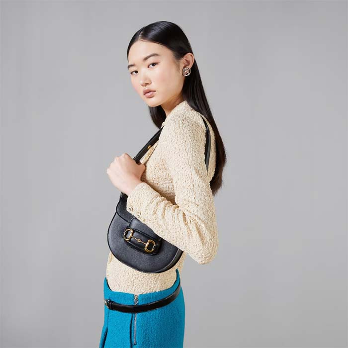 Gucci GG Women Gucci Horsebit 1955 Mini Rounded Bag Black Leather Cotton Linen Lining