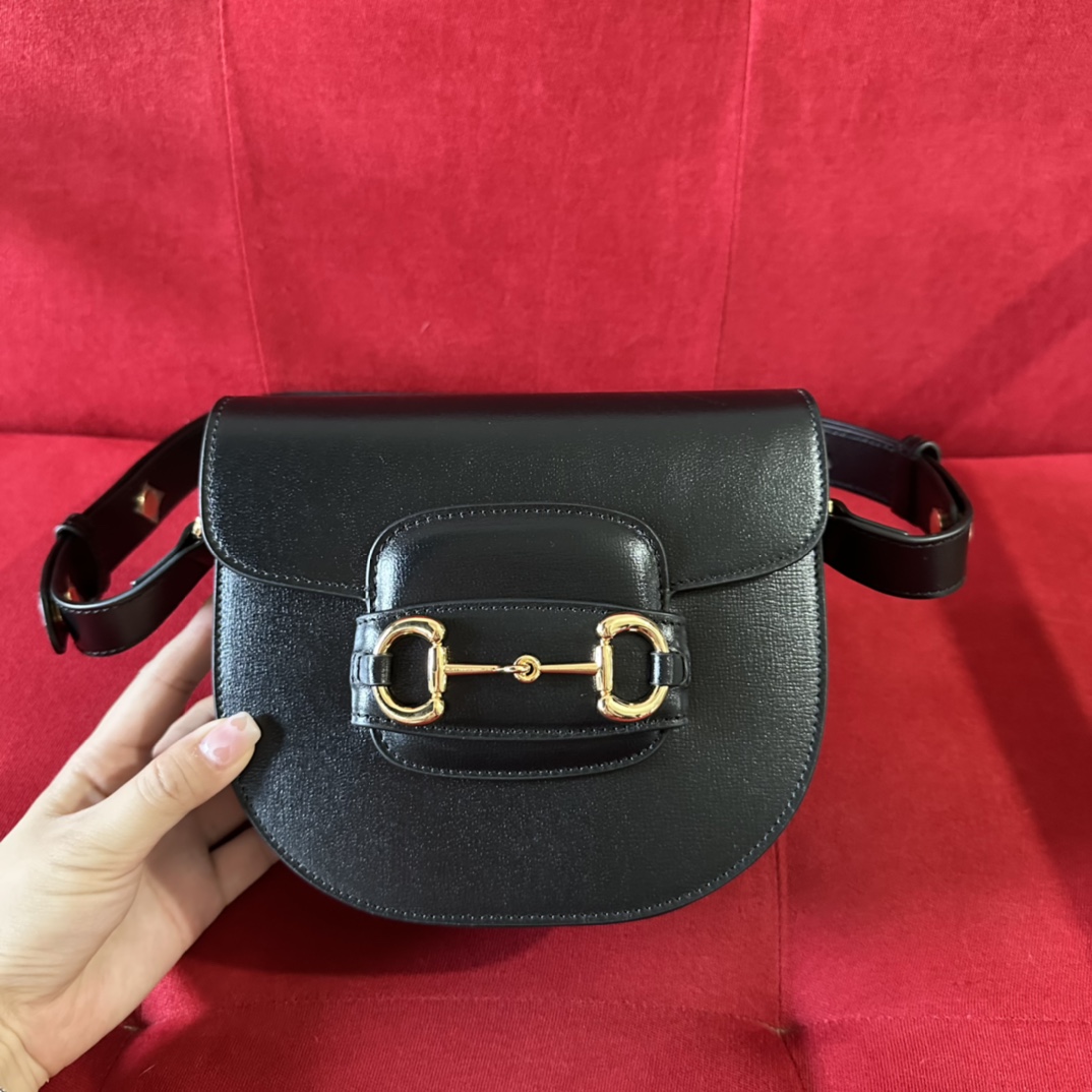 Gucci GG Women Gucci Horsebit 1955 Mini Rounded Bag Black Leather Cotton Linen Lining