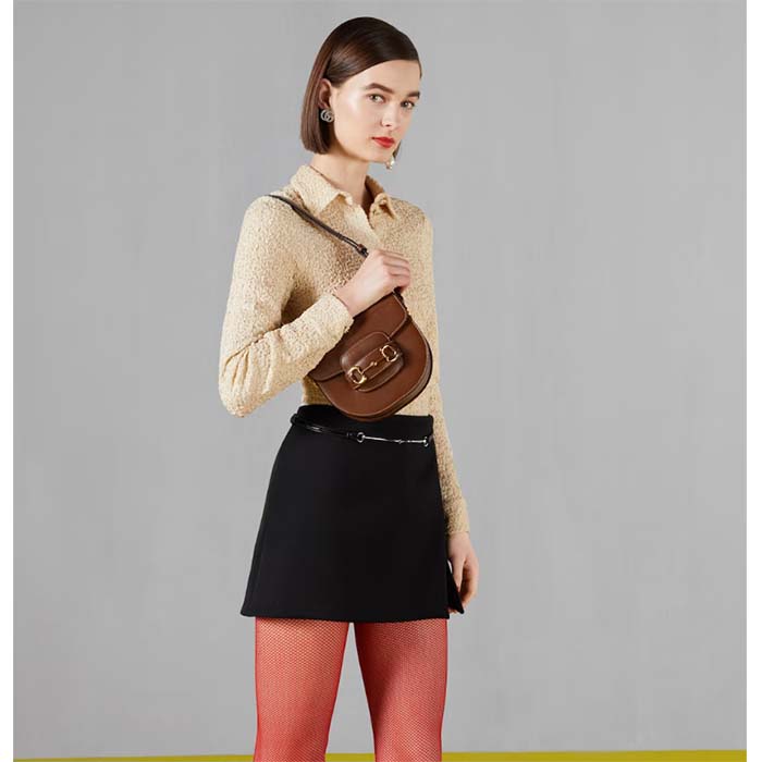 Gucci GG Women Gucci Horsebit 1955 Mini Rounded Bag Brown Leather Cotton Linen Lining