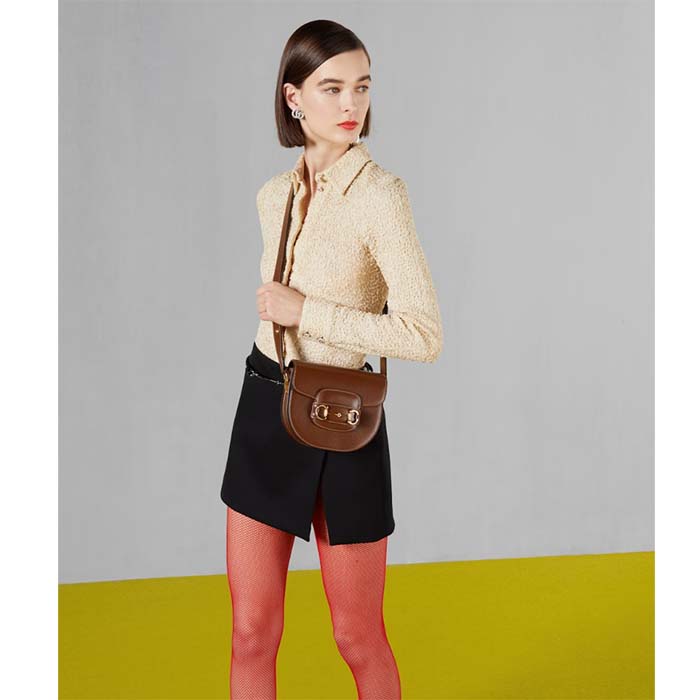 Gucci GG Women Gucci Horsebit 1955 Mini Rounded Bag Brown Leather Cotton Linen Lining