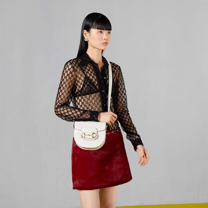 Gucci GG Women Gucci Horsebit 1955 Mini Rounded Bag White Leather Cotton Linen Lining