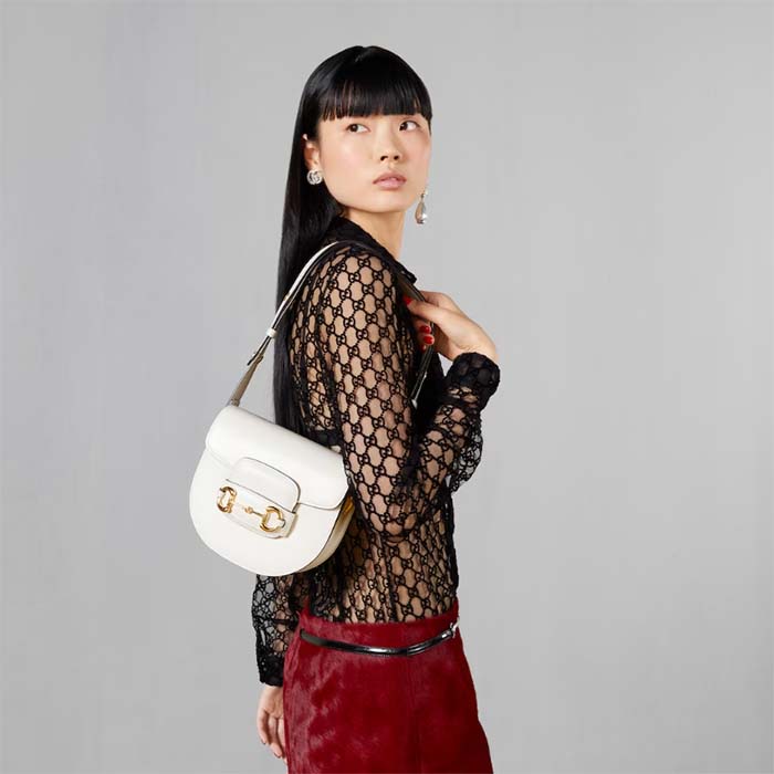 Gucci GG Women Gucci Horsebit 1955 Mini Rounded Bag White Leather Cotton Linen Lining